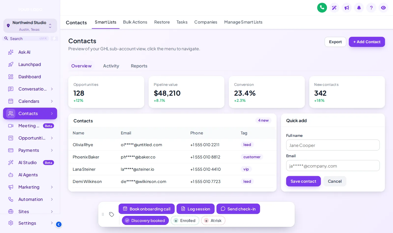 GoHighLevel contact page with a floating action bar: Discovery booked, Enrolled and At risk tags plus Book onboarding call, Log session and Send check-in buttons