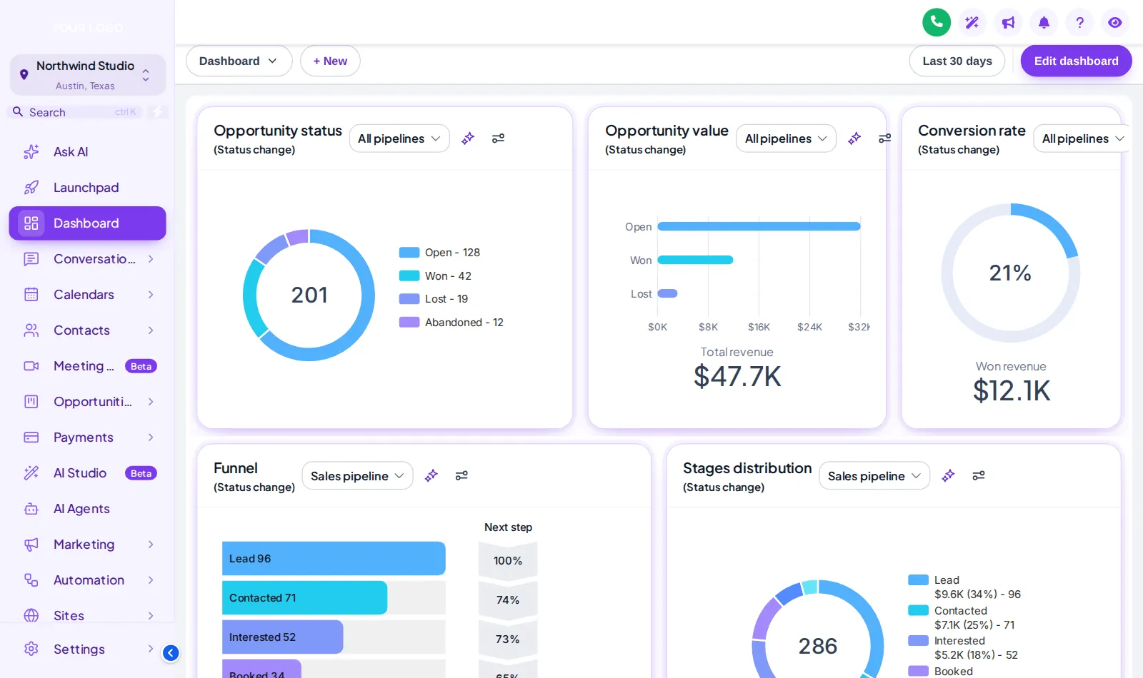 GoHighLevel sub-account restyled with the Lavender Dream theme and Halo Glow UI kit: soft lilac sidebar, purple accents and glowing cards