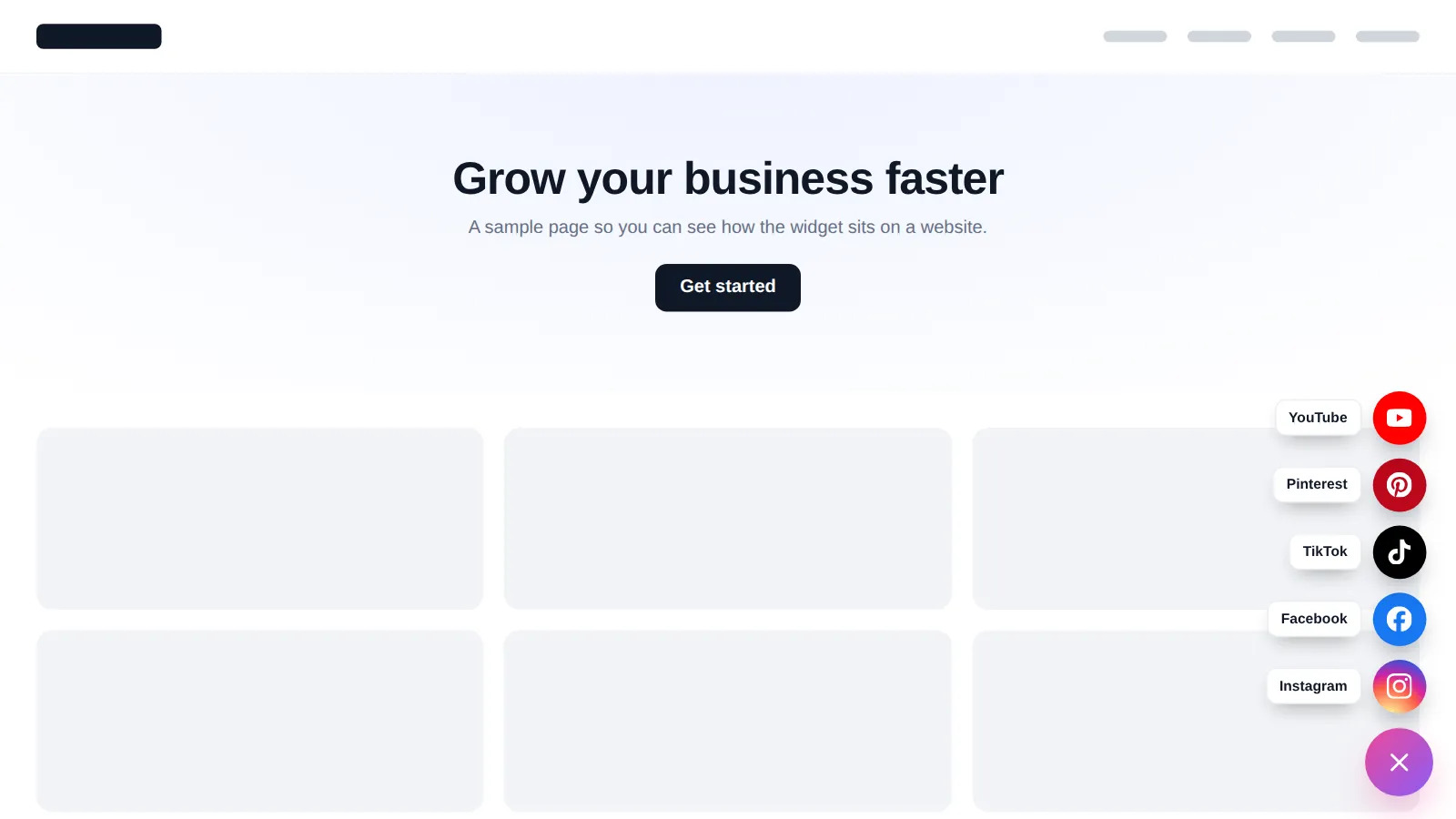 Social speed dial floating widget open on a website, fanning out round social network buttons in a pink gradient