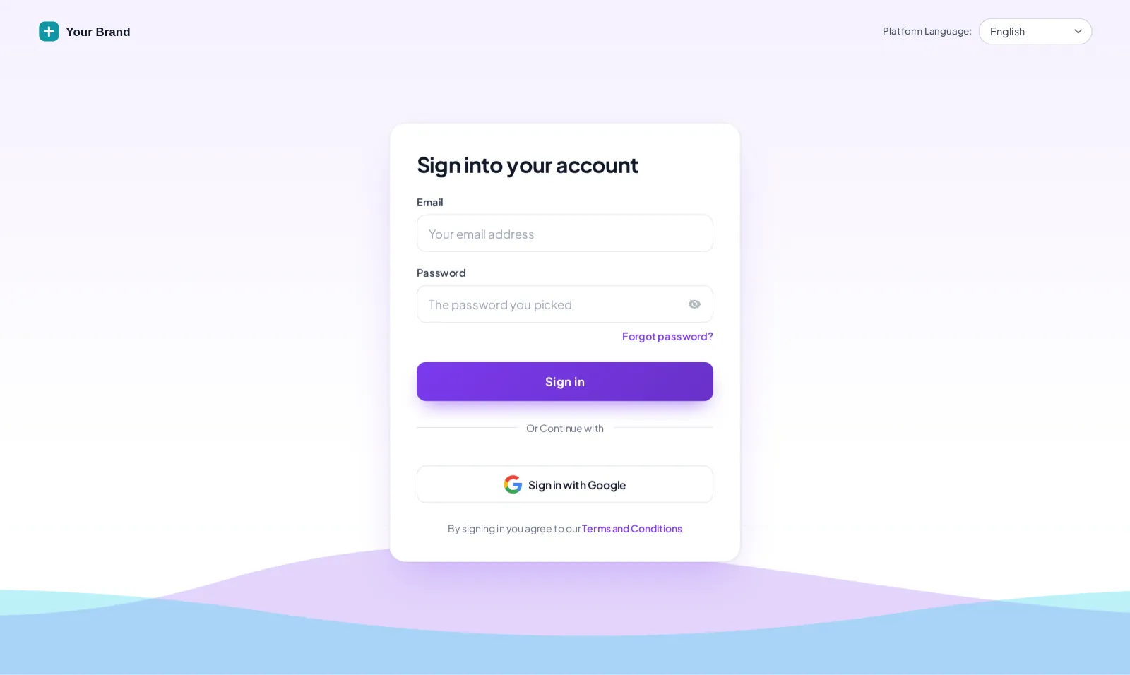 GoHighLevel login page with the Ocean waves design: rolling wave background and a floating sign-in card in lilac