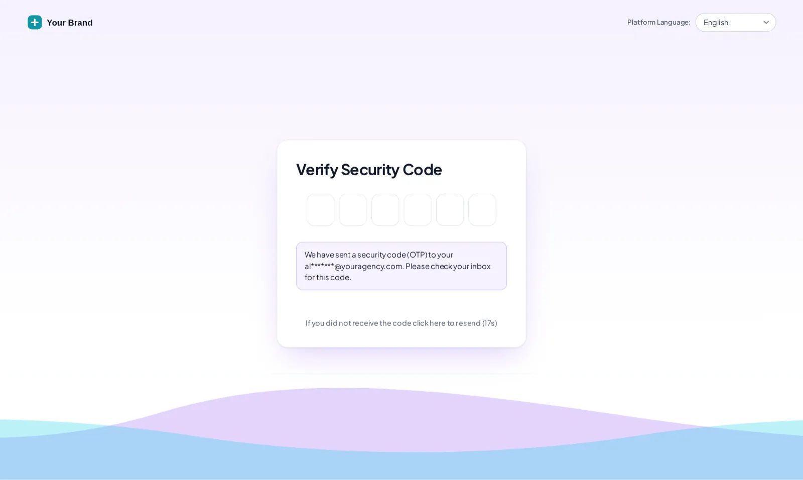 Two-factor code screen in the Ocean waves login design, matching the sign-in page